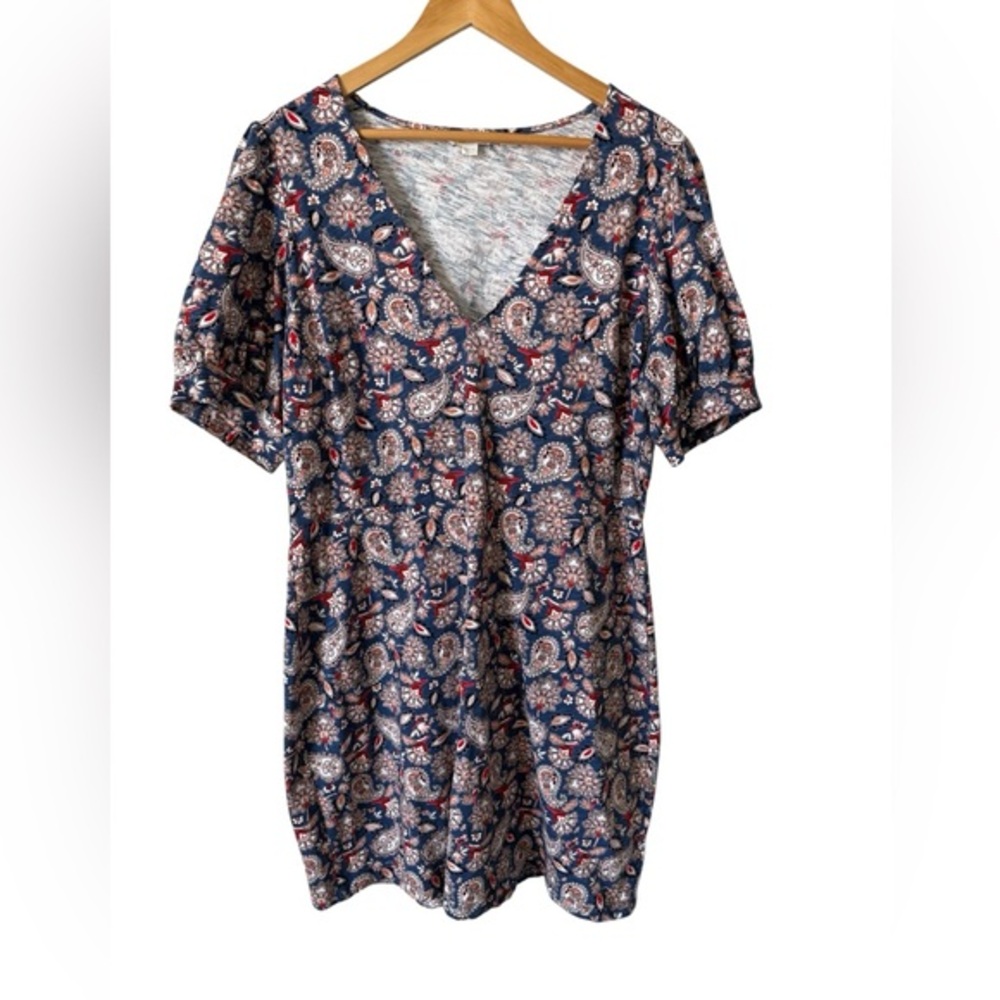 Boden Paisley Print Jersey Dress US 6 UK 10 Blue Red Cotton‎ V Neck